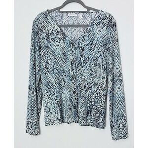 Susan Graver Top Size Small Blue Printed Liquid Knit Button Front Peplum V-Neck